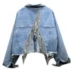 Frauen Jacken Frühling 2023 Denim Oberbekleidung Lose Diamant Kette Quaste Streetwear Drehen-unten Kragen Jacke Frauen