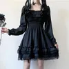 Casual Dresses Lolita Style Women Princess Black Mini Dress Slash Neck High midja Vintage Gothic Puff Sleeve Lace Ruffles Party