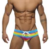 Unterhosen Mittelhohe, hochelastische Badehose mit U-konvexem Körbchen für Herren, Regenbogen-Streifendruck, Kordelzug, Surf-Slip, Strandmode, Badebekleidung