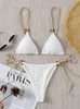 Swim Wear Sexy Bikini Set Cute White Plain Ring Linked Spaghetti Strap Triangle Thong Biquini Swimsuit Swimwear Women Bathing Suit B0 230515