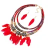 Halsband örhängen set zoshi överdrivna fjädersmycken för kvinnor etnisk flerskikt röd tofs afrikansk bröllopsfest