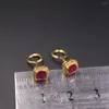 Stud Earrings 999 Pure 24K Yellow Gold For Women Rose Red Cubic Zirconic Gemstone Hook Weight 1.68g