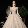 Luxury Shiny Wedding Dresses Puff Sleeve Lace Up Scoop V Neck Trailing Starry Sky Bling Appliques Beaded Princess Bride Gown New