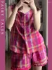 Survêtements pour femmes Pyjama à carreaux de couleur pour femmes Gilet sans manches d'été et short pour la maison Ensemble deux pièces