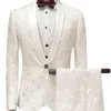 Ternos masculinos 3pc Casamento Tuxedos de noivo Padrão branco Slim Fit Men Ter Suit Capnet Colets Shiny Shawl Gollar Blazer