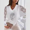 Blouse Casual Loose V Neck Women Christmas Tops Female Patchwork Sexy Long Sleeve Pullovers Streetwear Red Wine Glass Print Slim Blouse