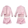 Kvinnors tvåbitar byxor Kvinnor Pink Blazer Shorts Suits 2023 Autumn Office Lady Fashion randig långärmad chiffongskjorta bred ben 3 stycken