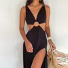 Casual Dresses Women Summer Solid Sleeveless Backless Sexy Steel Ring Hollow Out Slit Loose Beach Sundresses Boho Midi Dress