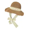 ワイドブリム帽子夏の折りたたみ式麦わら帽子レディースレースストラップビッグフィッシャーマンアウトドア海辺の日焼け止めホリデービーチELOB22