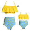 Parent-child swimwear mother and daughter swimsuit printed high waisted bikini with ruffled edges