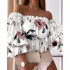 Women's Blouses Summer Print Ruffle Off Shoulder Shirt Women Fashion Floral Slash Neck Short Butterfly Sleeve Sexy Crop Tops 26429