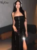 RUKAS Women Fashion Strapless Black Zippers Slit Sexy Slim Midi Dress 2023 Summer Y2K Streetwewar Party Club Outfit Wholesale