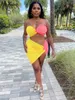 Rukas Renk Bloğu Straplez Düzenli Seksi İnce Mahsul Tüp Üst Mini Etek 2 Parça Setleri Yaz Modası Y2K Street Giyim Partisi
