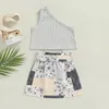 Kleidungssets FOCUSNORM 0-24 Monate Säuglingsbabys Mädchen 2-teilige Kleidung Eine Schulter ärmellose feste graue Weste Blumen-Patchwork-A-Linien-Röcke