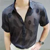 Men's Casual Shirts Sexy Transparent Shirt Men Black Summer Short Sleeve Slimfeather Leaves Pattern Club Party Chemise Homme Camicia Uomo