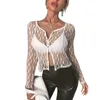 T-shirt Fashon Nuove donne Sexy Top in pizzo Adulti SeeThrough Manica lunga Girocollo Button Down Cardigan Nero Bianco Vendita calda SXL