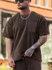 Men's T Shirts Streetwear Shirt Men Casual Solid Color Corduroy Tee Short Sleeve Crew Neck Embroidery Ribbed Tops Clothes Mens Summer