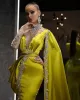 Arabic Lemon Green Crystals Formal Evening Dresses Mermaid Dubai Indian High Neck One Sleeve Cape Beads Long Trumpet Prom Gowns Dress BC10567