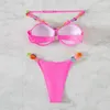 Traje de baño de verano para mujer, bonito traje de baño de Color puro con flores tridimensionales, Bikini alto Sexy dividido