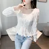 Damenblusen Hemden #2068 Sommer Kurze Bluse Frauen Quadratischer Kragen Bandage Lange Ärmel Chiffon Femme Sexy Asymmetrische Tops Blumen