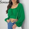 Femmes Blouses Chemises Mode Solide Couleur Dentelle Dos Chemise Courte Oneline Cou De L'épaule Tops Femme Manches Bouffantes Casual Lâche Blouse 230516