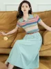 Vestidos de trabajo, conjunto de dos piezas de verano para mujer, camiseta de manga corta de punto a rayas, faldas acampanadas de cintura alta, traje elegante Vintage para mujer