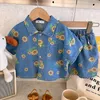 Clothing Sets Summer Kids Denim Shirts Set Boys Girls Short-sleeved Shirts and Shorts Daisy Print Two-piece Children Casual Loose Sets 230516