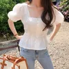 Femmes Blouses Chemises Broderie Mignon Chic Tops Femmes D'été Corée Japon Style Conception Taille Mince Blanc Bouton Chemise Blouse Flhjlwoc Vintage 230516