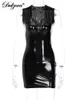 ドレスDulzura Pu Faux Leather Women Seveless v Neck Mini Dress Skinny Sexy Streetwear Party Club 2021秋の冬