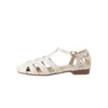 Sandalen Meotina Frauen Echtes Leder Runde Zehe Flache T-Riemen Schnalle Dame Schmalband Gladiator Schuhe Sommer Beige 41