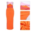 Casual jurken vrouwen zomer sexy strapless twist ruches front midi long bodycon jurk hollow out contrast kleur uit schouder mouwloze zijde