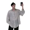 Men's Casual Shirts Kemeja Lengan Panjang Payet Berkilau untuk Pria Kostum Panggung Penyanyi DJ Klub Malam Pakaian Buatan Tangan Musim Semi Panas 230515