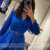 Party Dresses Royal Blue Aline Puffy Sleeve Floor Längd med Belt Deep V Neck Chiffon Bröllopsklänningar 2023 230515