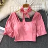 Blouses feminina de verão French Square Bubble Bubble Manga a camisa traseira com cintura Short Hong Kong Style Chic Top