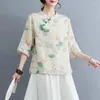 Camicette da donna Camicia in lino di cotone per donna Estate 2023 In stile cinese stampato floreale Settima manica allentata Vintage Top O-Collo