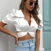 Bluzki damskie Krótka koszula Kobiety seksowne top satynowy jedwabnik Summer V-Neck Solid Ladies Tops Casual Blusas Elegancki 26108