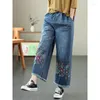 Jeans pour femmes délavé bleu Style ethnique Denim pantalon à jambes larges pour femmes automne élastique taille haute brodé ample recadrée femme