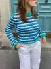 女性のTシャツ秋の女性編みセーター縞模様のかぎ針編みのかぎ針編みのカットアウトカジュアル長袖クルーネックプルオーバートップストリートハラジュクスタイル