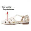 Sandalen Meotina Frauen Echtes Leder Runde Zehe Flache T-Riemen Schnalle Dame Schmalband Gladiator Schuhe Sommer Beige 41