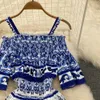 Casual jurken feest zomer mode runway midi jurk dames cool schouderflare mouw blauw en wit porselein printing vakantie strand vestidos 230516