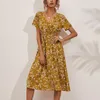 Casual jurken Elegant bedrukt strand Midi vrouwen zomer V-hals korte mouw Empire Taille A-lijn jurk Sundress vestido gewaden