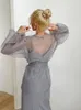 Kvinnors blusar Elegant elegant skjorta fast färgbubbla långärmad v-ringning sommar 2023 sexig transparent spets
