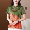 Women's Blouses 1pcs Women's Tops 2023 Chiffon Silk Fabric Prints Splicing Chinese Style Short Sleeve Primer Shirt Ladies Skinny Shirts