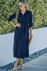 blue Crinkle Textured Long Sleeve Shirt Dress with Belt M3Lo#