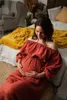 Robes de maternité Rouille Doux Coton Maternité Longue Robe Pour Pographie Slash Cou À Manches Longues Femme Enceinte Pographie Coton Robe 230516