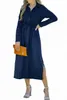 Blue Crinkle Textured Long Sleeve Shirt Dress med Belt J9ox#