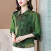 Women's Blouses 1pcs Women's Tops 2023 Summer Chiffon Silk Fabric Prints Button Splicing Chinese Style Primer Shirt Ladies Skinny Shirts