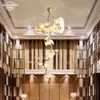 Modern Copper Chandeliers Luxury LED Glass Flower Long Pendant Lamps High Ceiling for Living Room Dining Room Staircase Hanging Lights