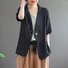 Kvinnors kostymer Kvinnors kostym Jacka kappa koreansk bomull och linne sommaren tunt halv ärm Cardigan Top Woman Office Blazer