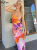 Rukas kleurrijke mouwloze slip bloemenprint spleet sexy bodycon slanke maxi jurk 2023 zomer mode y2k kleding festival feest